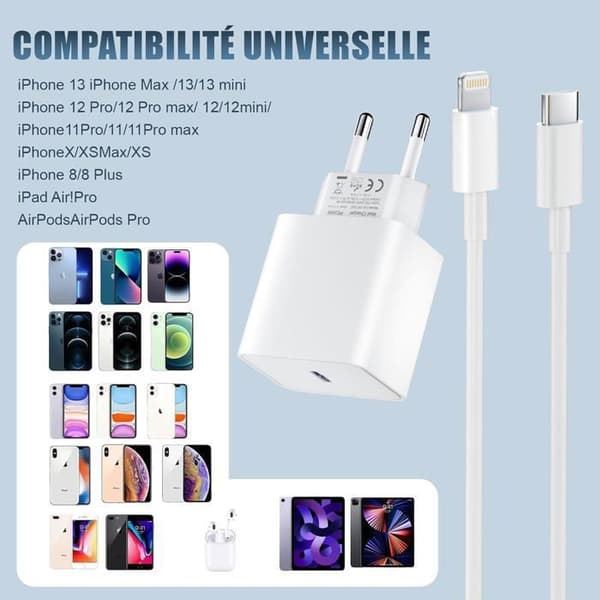 2-pak iPhone hurtigoplader – 20W PD USB-C vægstik med 2m USB-C til Lightning-kabel til iPhone 14/14 Pro/13/13
