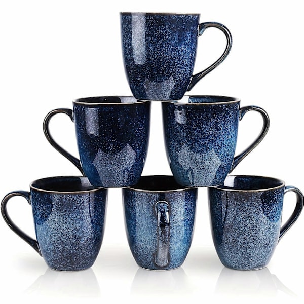 6 stk. Vicrays Kaffekrus Sæt, 35 cl, Keramisk Krus, Unikke Glaserede Krus Med Håndtag Til Te, Kaffe, Mælk, Kakao, Morgenmadsprodukter (Blå)