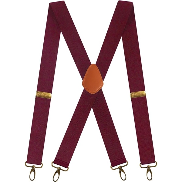 Herrhängslen med 4 krokklämmor för byxor, vintage hängslen hängslen för män Heavy Duty Justerbar elastisk X-form (vinröd)
