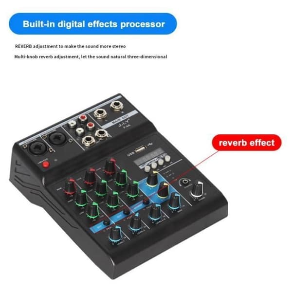 Profesjonell 4-kanals Bluetooth bærbar lydmikser DJ-konsoll med romklangseffekt for karaoke USB