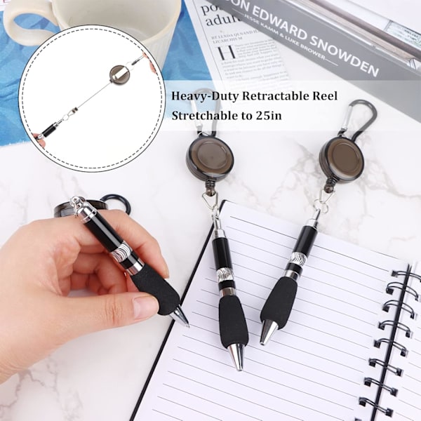 12 st Clip On Pennor Karbinhake Pennor Retractable Badge Reel Pen Bältesklämma och Karbinhake Nyckelring Kulspetspenna, Svart