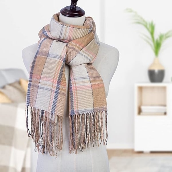 Mote-sjal og skjerf for damer, vinter-skjerf, pledd-skjerf for kvinner, tartan-skjerf, gaver til damer (Beige+Gult)