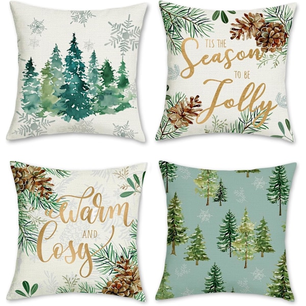 Winter Pine Tree Cushion Covers 45 x 45 cm Double Sided Decorative Throw Pillow Covers Xmas Pillowcases for Sofa Bed Home Winter Xmas Decor Set of 4