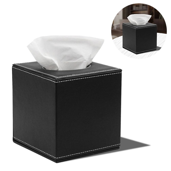 Læder Tissue Box Holder, Kvadratisk, Facial Tissue Holder Med Magnetisk Bund, Sort