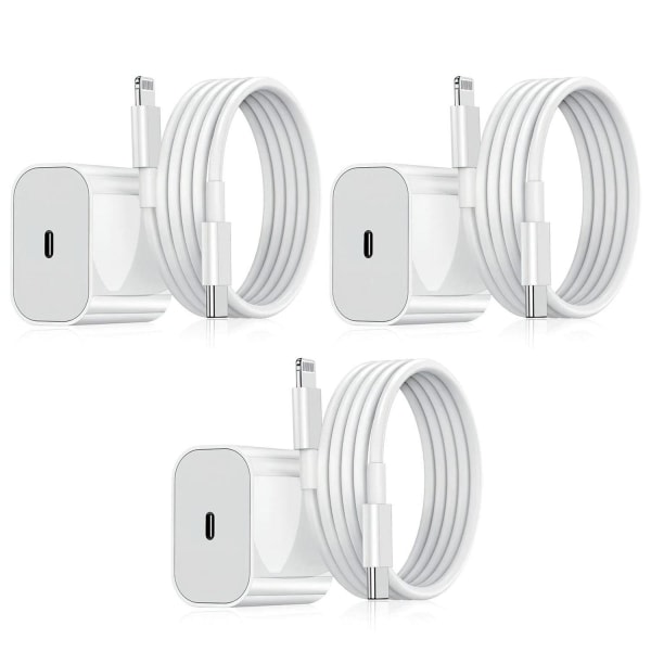 Oplader til iPhone - Hurtig oplader - Adapter + Kabel 20W USB-C Hvid 3-pak iPhone 3-Pack iPhone