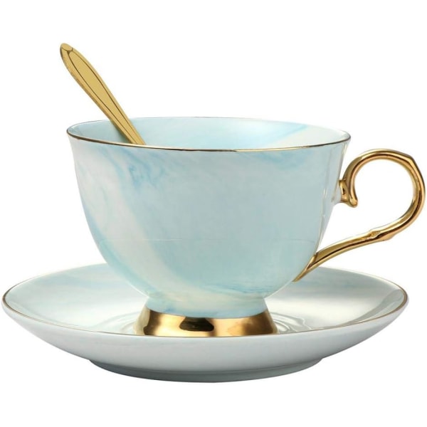 Marmor keramikkopp och set Kameliamönstrat ben Kina kaffemugg Tekopp Guldkant med kaffekopp, fat och sked, 200 ml (blå)
