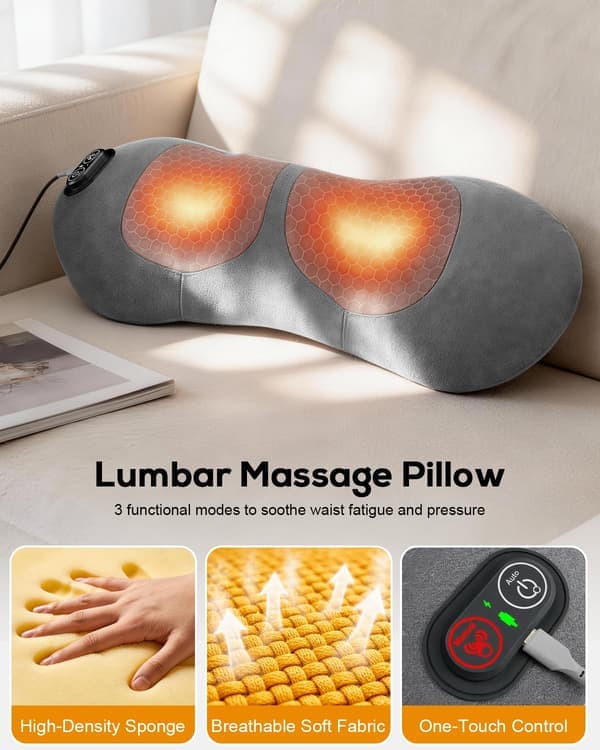 [RM]3-i-1 Rygmassager med Varme Vibration Stræk, Ergonomisk Memory Foam Lændestøttepude til Seng Stol, Afslapningsgave til Grå
