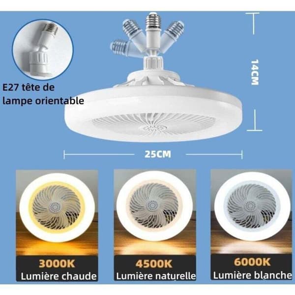 Stille loftventilator med E27 LED-lys, 10-100% dæmpbar, 3 hastigheder, 1/2/4t timer, til rum op til 10m²