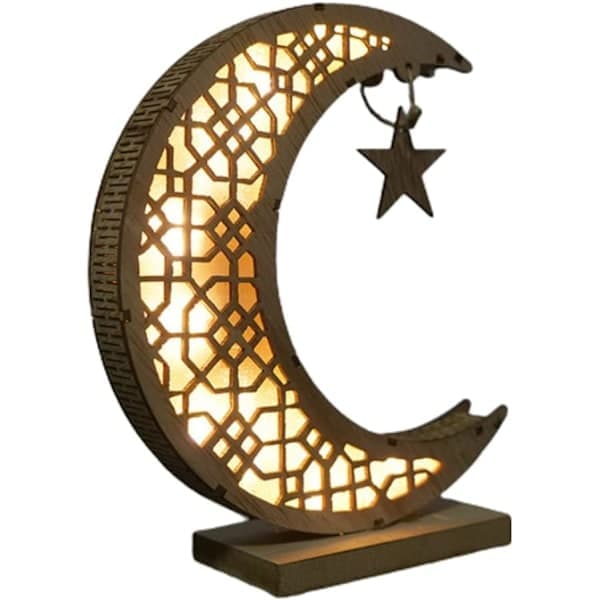 3D Ramadan-lampe i tre, håndlaget Måne Stjerne LED-lysdekorasjon, Ramadan Mubarak Lampepynt, Eid-pynt Gave -DQ