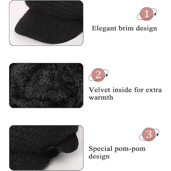 Beanie-Huer til Kvinder Vinterhuer Fleeceforet Beanie Blomsterstrikket Huer Damebasker med Skygge Cloche Huer Termisk Hue Kvinder Kasketter Ulden Hue