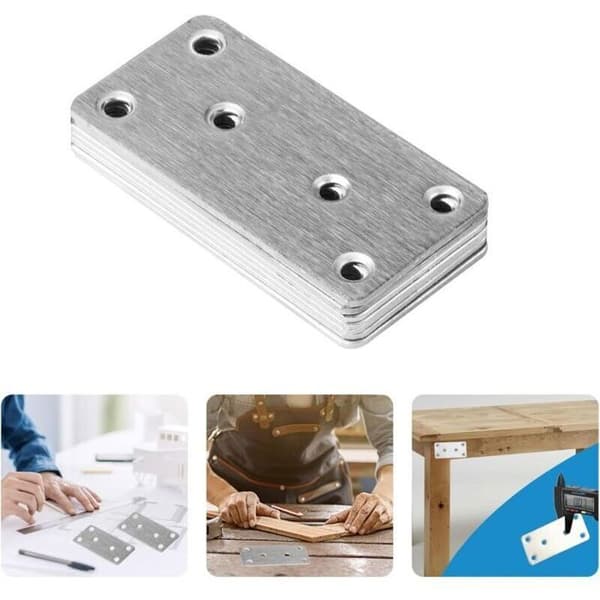 Perforerede plader i rustfrit stål (pakke med 10), flade forbindelsesstykker 80x40x17 mm, inkluderer 60 skruer til træmontering