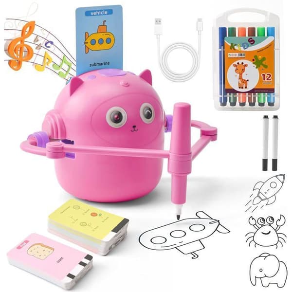 Ritrobot för barn, inkluderar 100 kort, ritar autonomt, pedagogisk leksak (Rosa)