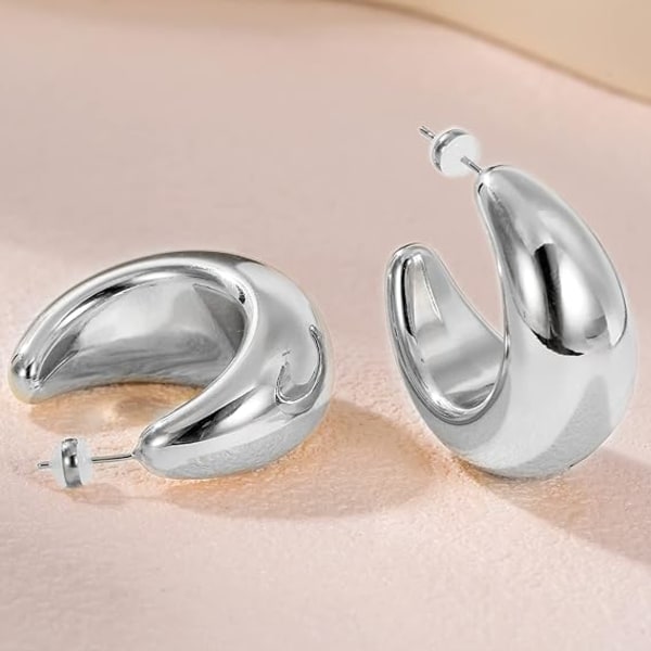 Kraftiga guldörhängen i creolform - allergivänliga 14K guldpläterade creoler - lätta tjocka guldörhängen - guldcreoler för kvinnor och flickor 30MM SILVER