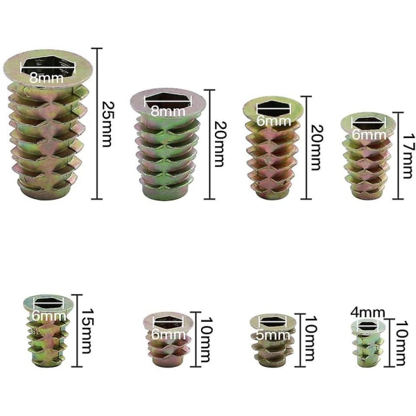 230 stk. sekskantindsatsmøtrikker i zinklegering med gevindindsatser Indsatsmøtrikker Udvendigt gevind M4 M5 M6 M8 Til møbelmøtrikværktøjssæt i træ