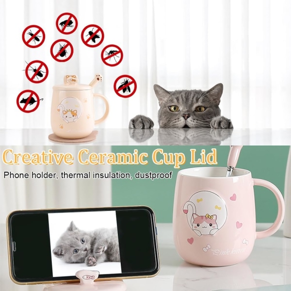 Kattekrus Sød keramisk kaffekop, med nyhedslåg, ske og bordplade, Kawaii 3D dyrekattekrus til katteelskere Kvindegaver, 480 ml (gul)