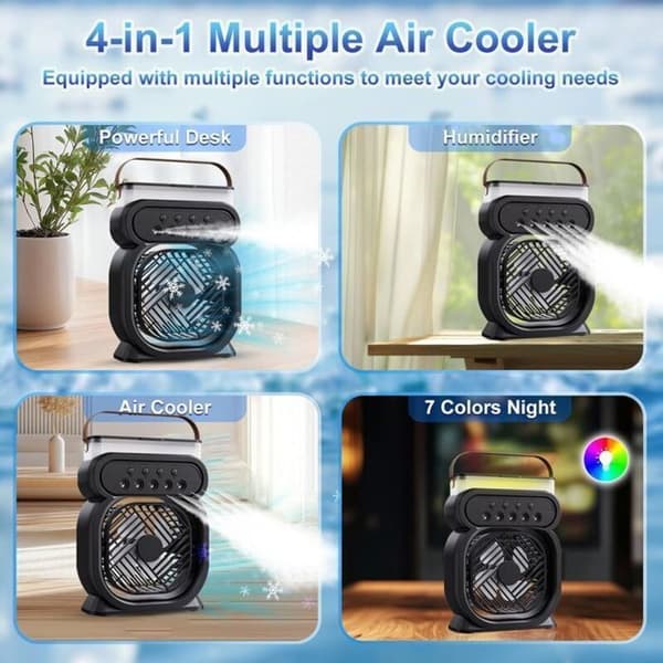 Stille 3-i-1 mobil aircondition: luftkøler, luftfugter og forstøverventilator, med timer og natlys