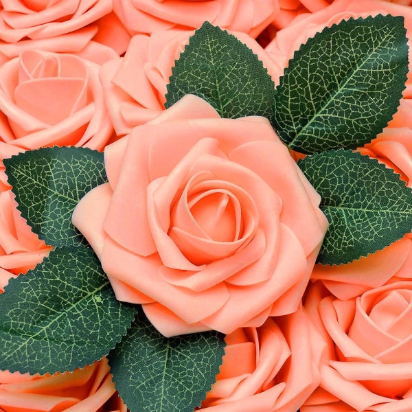 Konstgjorda blommor 25st falska rosor med stjälkar och 2 löv för bröllopsbuketter för gör-det-själv Festdekor Orange
