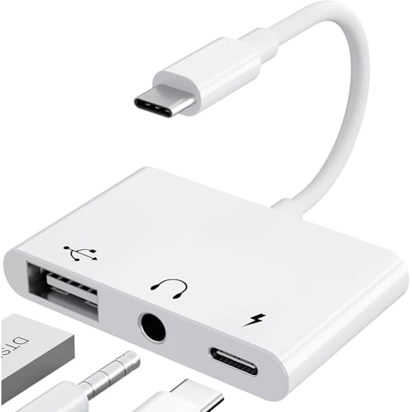USB C Adapter 3.5mm Jack med Hurtiglading OTG Adapter, Type C til Aux Splitter Hodetelefon Audio (Hvit)