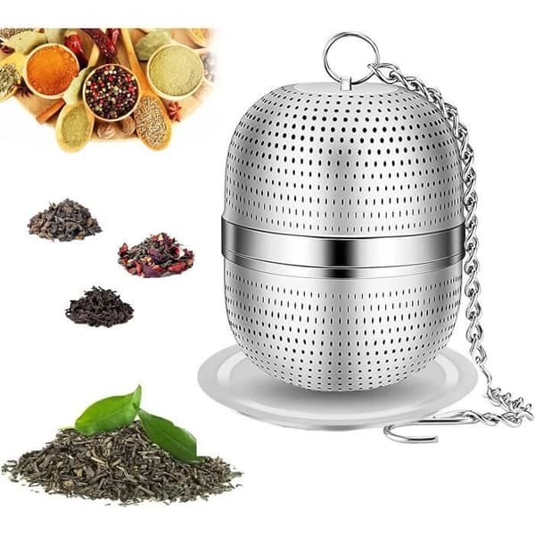 Tekugle, Tesigte med kæde, Tekande i rustfrit stål, Tefilter med drypbakke, til krydderier, kaffe, tekande, kop