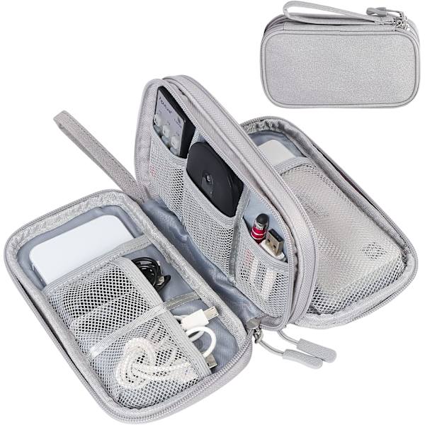 Dobbeltlags elektronikktilbehørsveske-arrangør for kabler, universell bærbar reiseveske for kabler, powerbank, USB-stasjon, lader harddisk A-grey