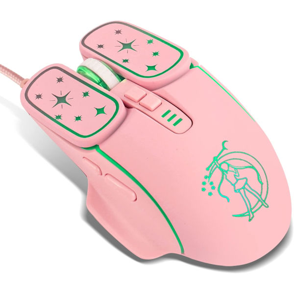 Gaming Mus, 4 farver baggrundsbelyst optisk spilmus ergonomisk USB kablet med 7200 DPI og 6 knapper 4 skydning til computer/Win/Mac/Andriod/iOS (Pink)