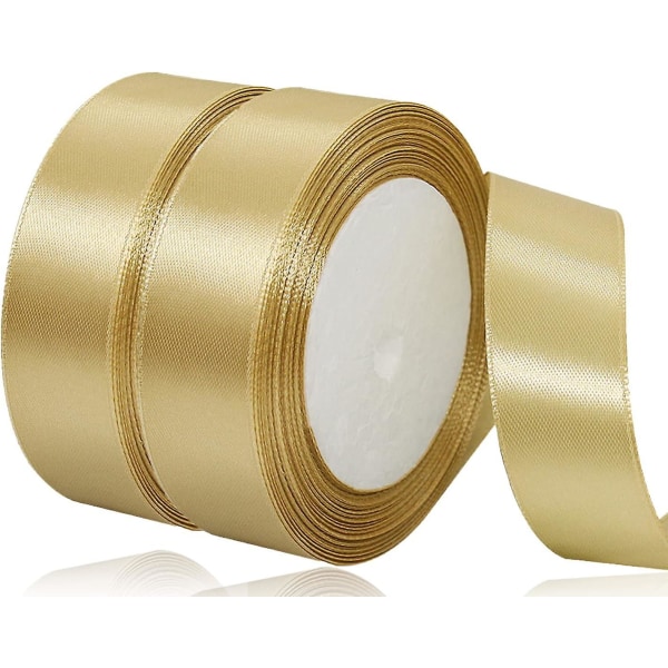 Guld satinbånd 25 mm, 2 ruller 44 meter ensfarvet stofbånd til gaveindpakning, håndværk, buketter, bryllupsfestdekoration, dørkranse, Bo
