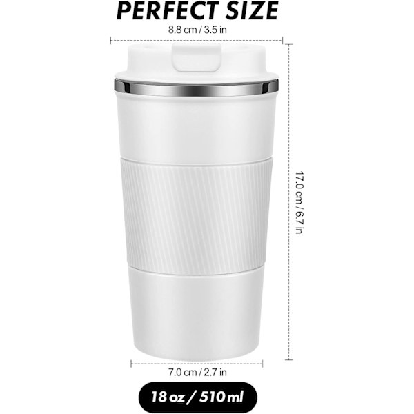 Reisekopp med lekkasikkert lokk, Isolerte gjenbrukbare kaffekopper for varme og kalde drikker/te (510 ml hvit)