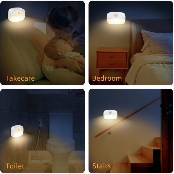 2-pack rörelsesensorlampor inomhus, stick på nattlampa med batteridriven, nattlampa för barn i sovrummet, automatisk ON/OFF-lampa, varmvit