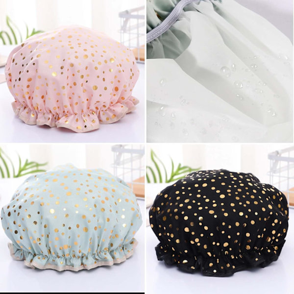 3 stk Dusjhette, Gjenbrukbar Dobbellags Badehette, med Elastisk Bånd Dusjhette for Kvinner Langt Krøllete Hår, for Kvinner Jenter Damer Spa Salong (Polka Dot)