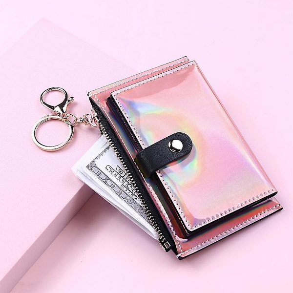 Damepung Bifold med møntlomme kortholder pung nøglering pink