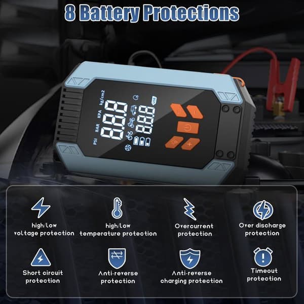 Kraftig 12V 1200A Bilbatteri Booster Startbooster, med 150 PSI Luftkompressor og Sikkerhetsklemmer