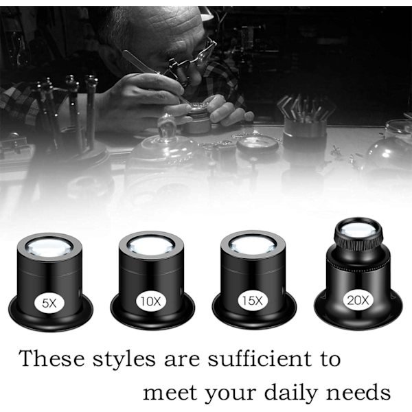 4 stk. Juvelerlupper, Juvelerforstørrelsesglas Urmagere Øjenglas, Luppelupe til Smykker, Mønter, Stene, Frimærker (5X 10X 15X 20X)