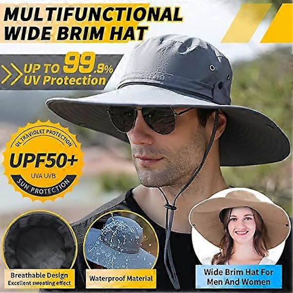 Solhatt for menn, UPF50 Vanntett Bredbremmet Boonie-hatt Solhatt Fiskehatt for Safari Vandring Strand Hage Grey