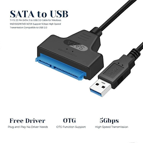 USB Nopea 2.0 - SATA 22Pin Kaapelisovitin Kiintolevyn Ohjainadapteri 2.5 Tuuman HDD/SSD-levyille USB2.0 to SATA Cable