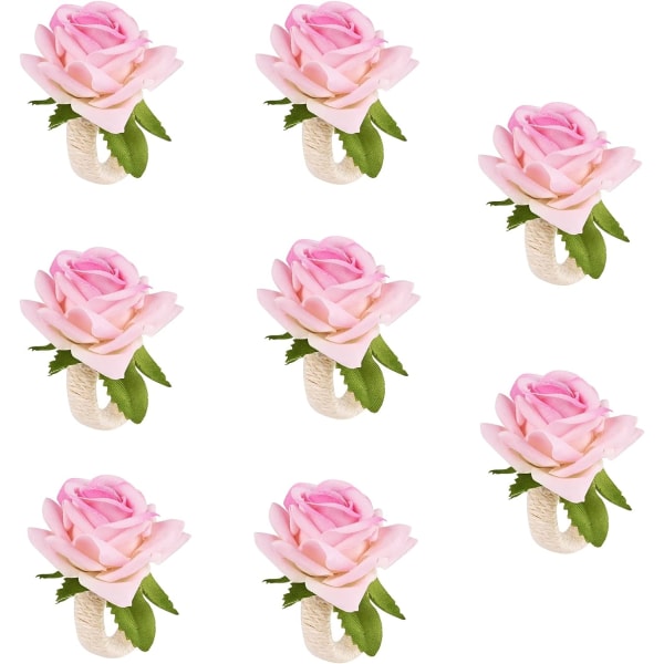 8 kpl lautasliinasormussarjat kukkaiset lautasliinapidikesormukset keinotekoiset ruusut lautasliinasormukset säkkikangasnauha lautasliinasolki käsintehty faux pink rose lautasliinalenkki