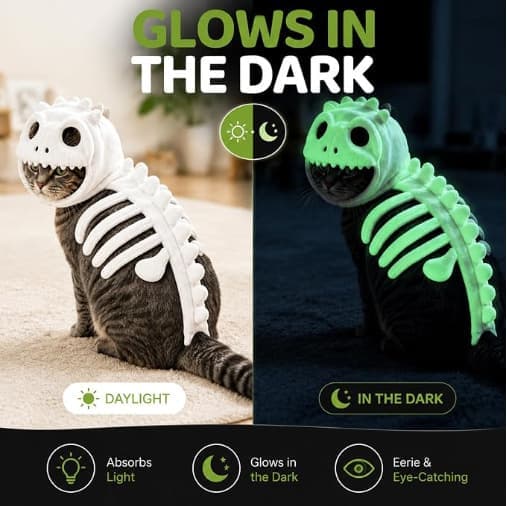 Kattekostume Dinosaur Skelet 3D Skelet, Hvid: M | Dinosaur Skelet Kattekostume, Realistisk 3D Halloween M