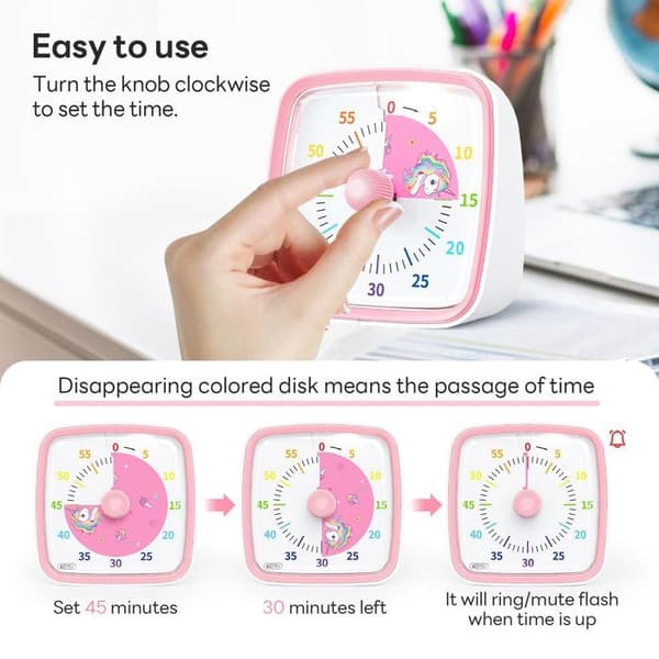 Visuel timer til børn – 60-minutters nedtælling med lydløs flash – velegnet til klasseværelser (Pink)