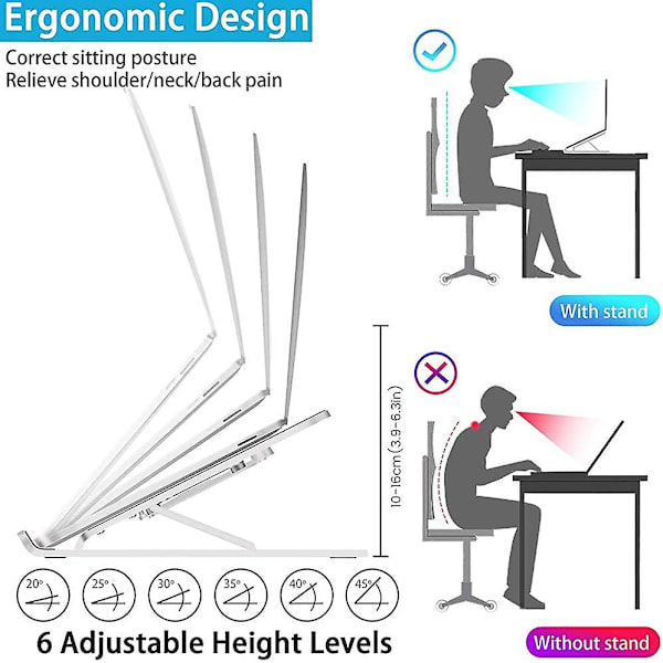 Bærbar computerstand, bærbar ABS ergonomisk computerstander, justerbar, foldbar, ventileret