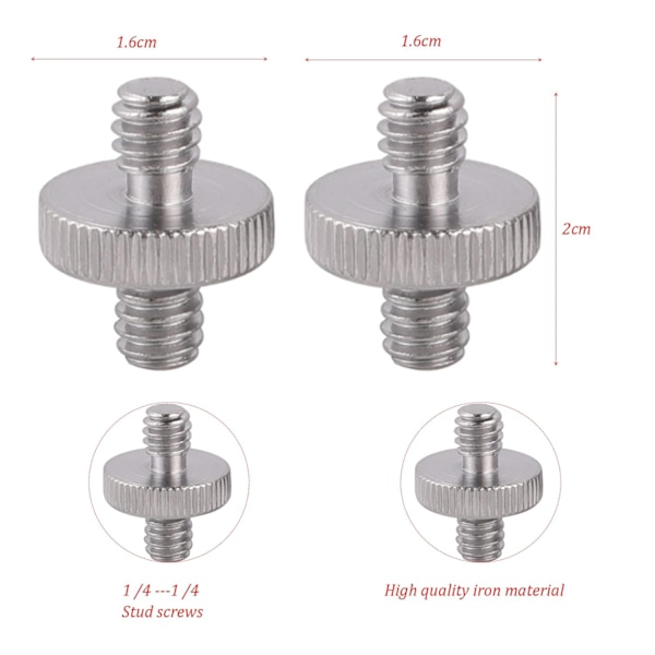2 stk 1/4\" til 1/4\" hann gjengestativskrueadapter, kameraskrueadapter, dobbelthodet kameraskrueadapter, for kamera, skulderrigg, lysstativ