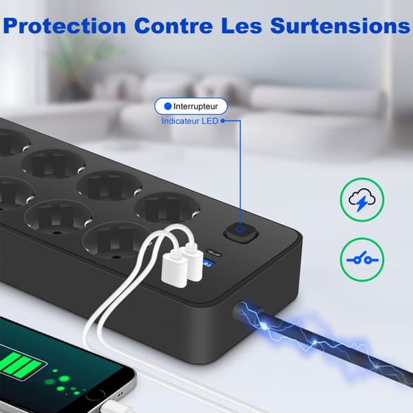 Strømuttak med bryter - UPLAYTECK - 12 uttak - 8 EU-uttak - 3 USB-A-porter - 1 USB-C-port