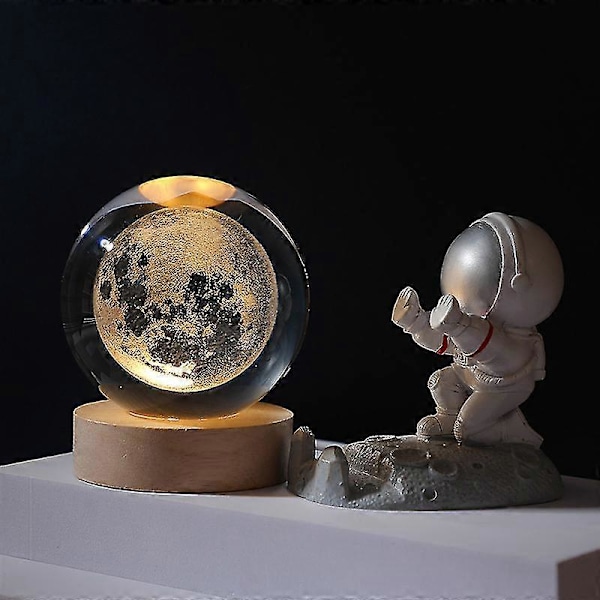 3D Planet Krystalkugle med Træbase, 3D Krystal LED Natlampe, Rum Galaxy Krystalkugle Ornament til Hjemmet