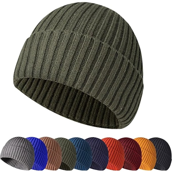 Winter Beanie Hat, Unisex Stretchy Soft Cuffed Skullcap,Thermal Striped Roll up Edge Winter Hat，ArmyGreen