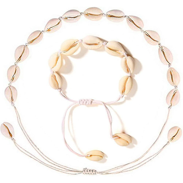 2 stk. Halskæde og armbånd med skaller, skalarmbånd, skalsmykke, skalkæde, choker med skaller, naturlig skalkæde til kvinder
