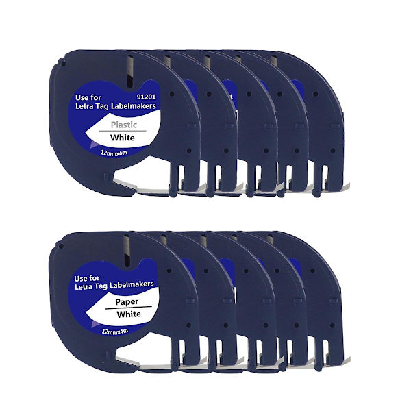 10 stk. Maker-refill til Letratag-refill 12 mm x 4 m hvidt plastikbånd til Letra Tag Plus Maker