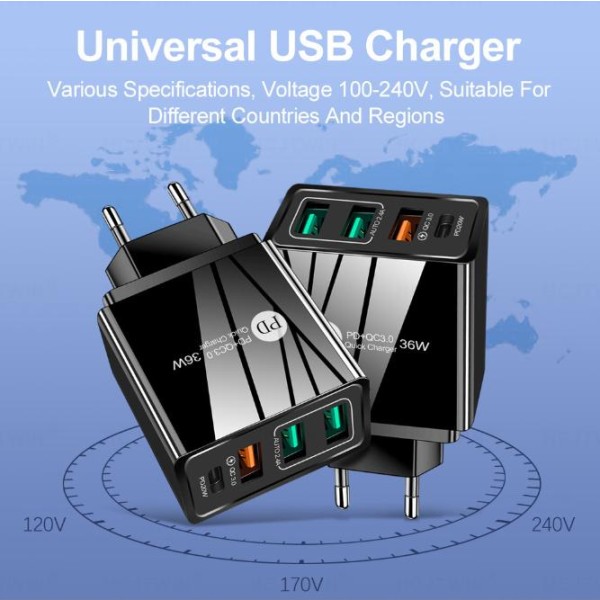 4A europæisk og amerikansk mobiltelefonoplader PD20W+2.4A 3USB multi-port opladningshovedadapter - White