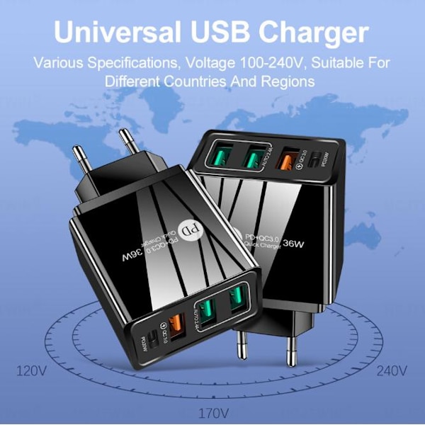 4A europeisk og amerikansk mobiltelefonlader PD20W+2.4A 3USB multiport-ladehodeadapter - White