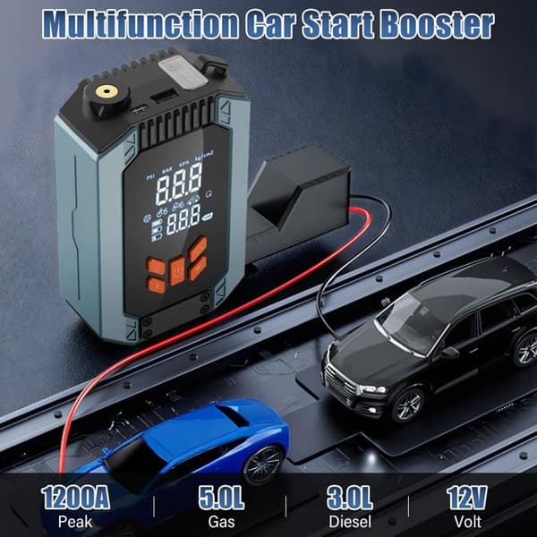 Kraftig 12V 1200A Bilbatteri Booster Startbooster, med 150 PSI Luftkompressor og Sikkerhetsklemmer