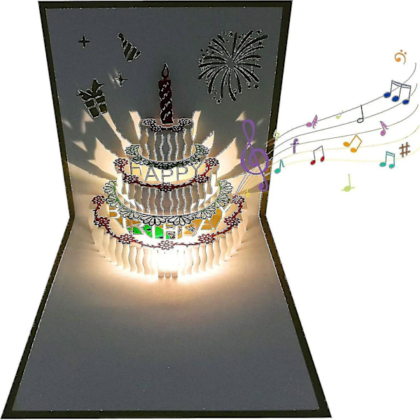 3D-bursdagskort, 1 pakke fargeskiftende lys og automatisk avspilling av musikk Happy Birthday Cake Card