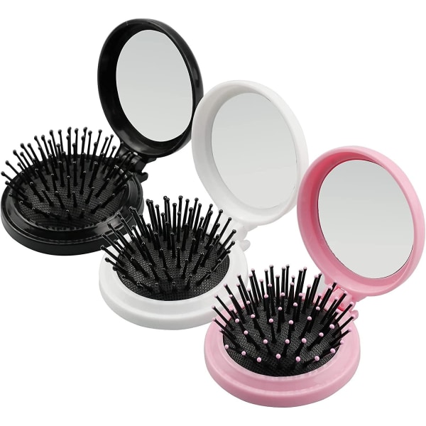 3 styks rejsehårbørste med spejl Mini hårkam med makeupspejl minifoldede runde børster til daglig brug og rejser