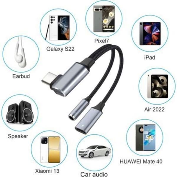 USB-C lyd- og ladeadapter - LUSKYKA® - 2-i-1 USB-C til 3,5 mm jack-adapter